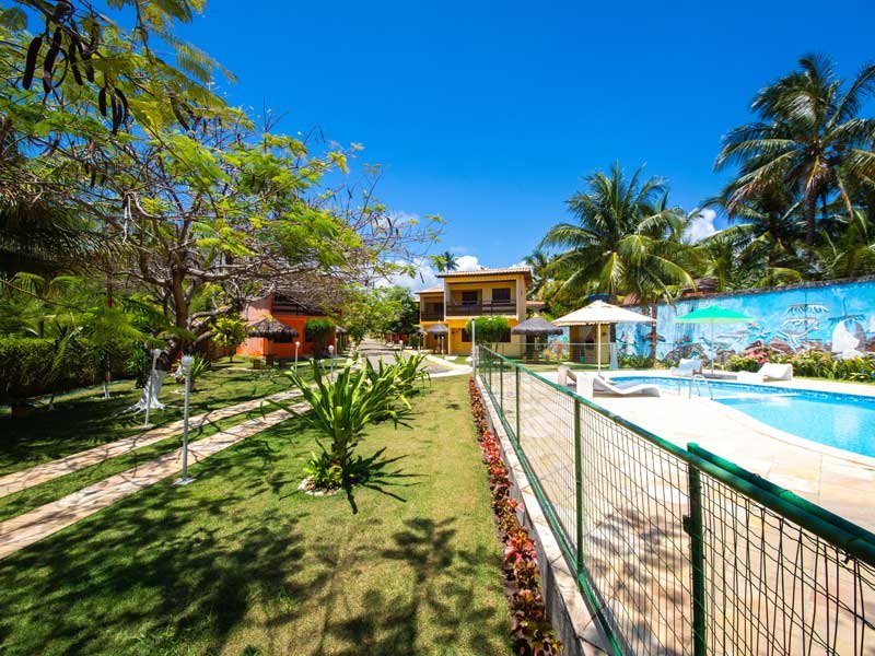 Vista do jardim e da piscina cercados por coqueiros